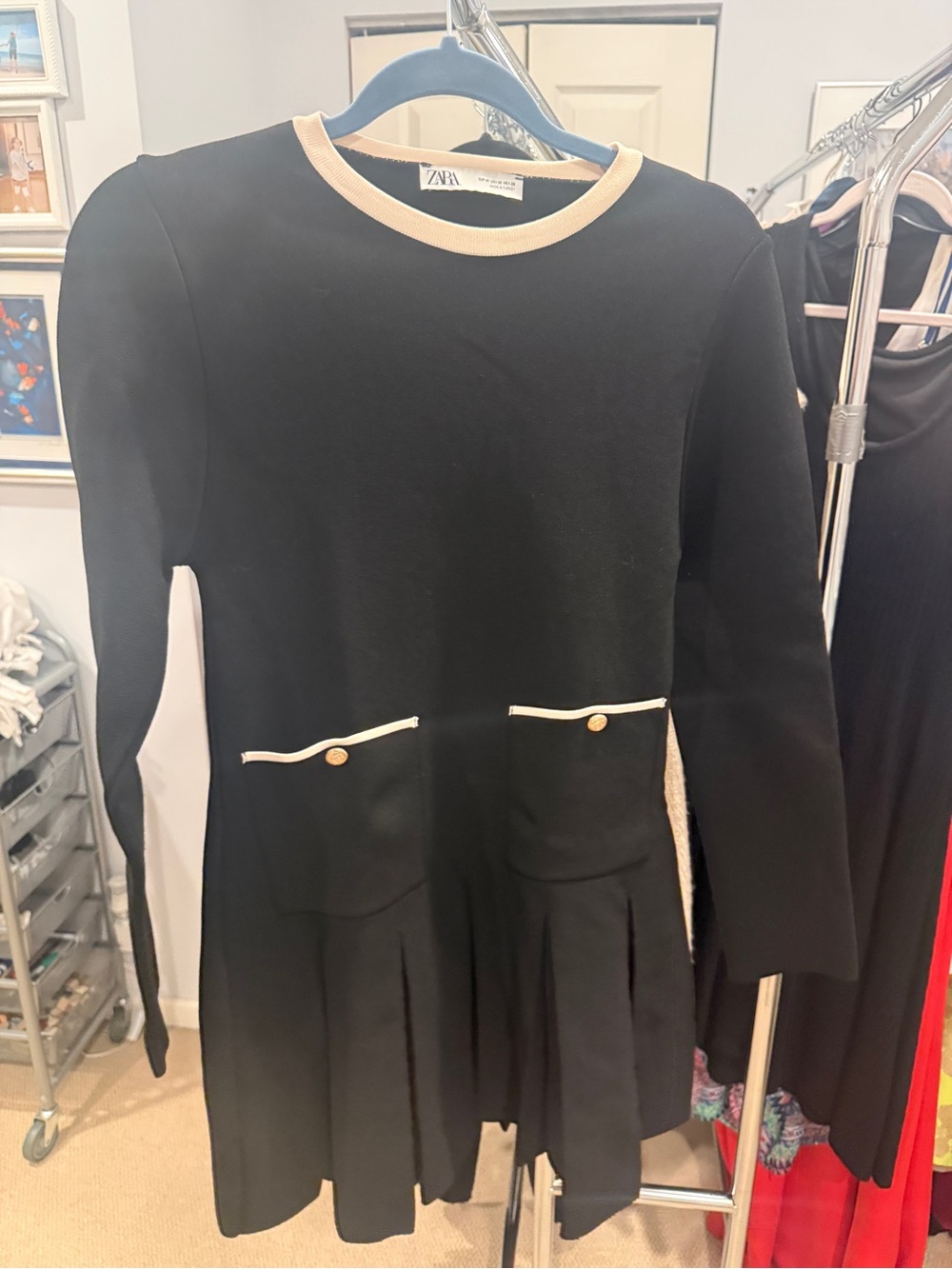 Zara Black Dress with Cream Trim and Gold Buttons